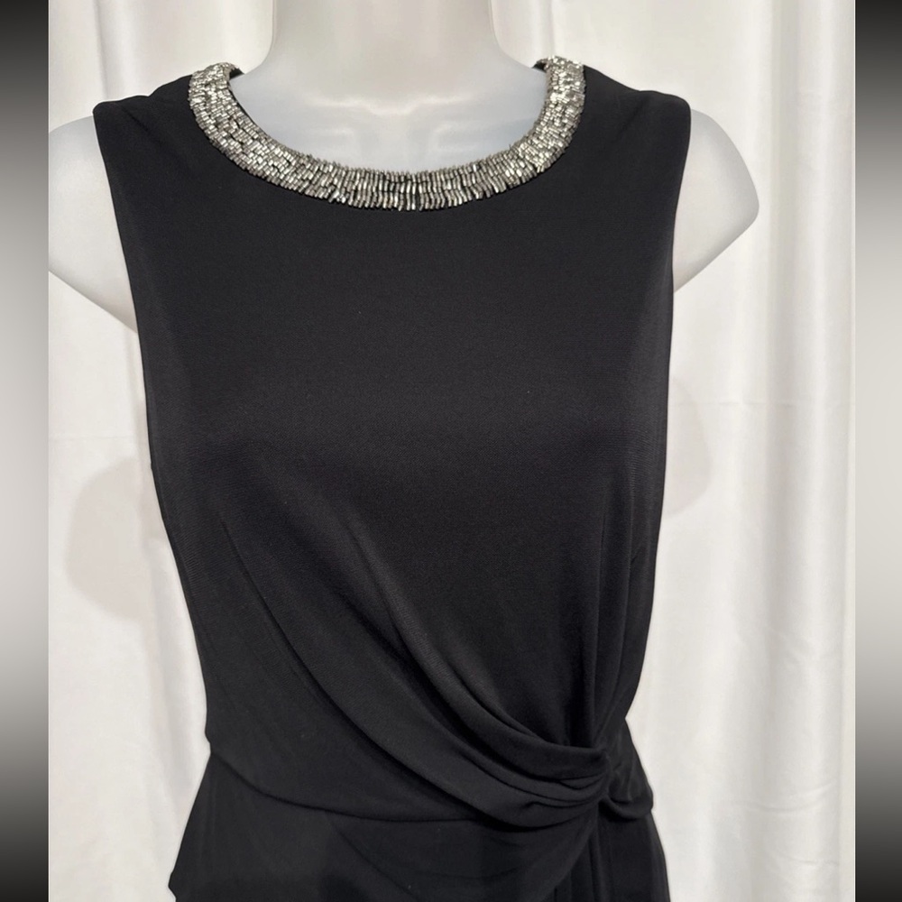 Anne Klein Black Ruched Holiday  Silver Beaded Neck Faux Wrap Dress Size 8 - Picture 2 of 8